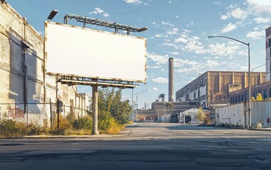 Obraz premium A mockup of a billboard on a busy street in an industrial area, with an empty section for text, surrounded by warehouses