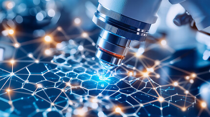 close up view of microscope focusing on molecular structure, showcasing advanced technology and scientific research. image conveys sense of innovation and discovery