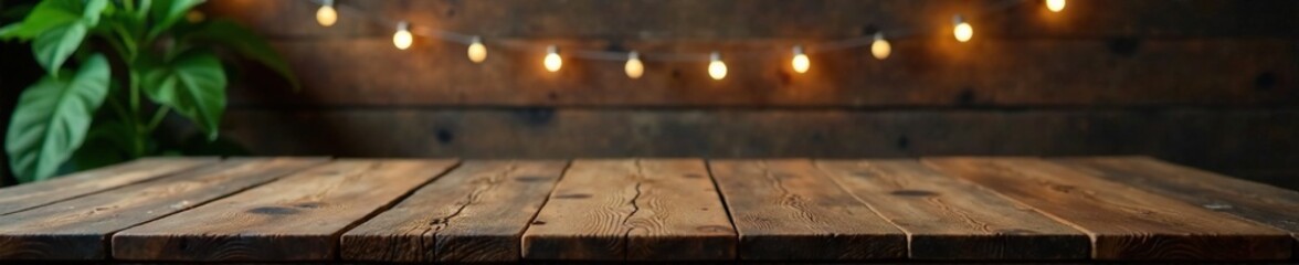 Vintage wooden table with soft string lights and greenery on the walls, stringlights, dim, warm