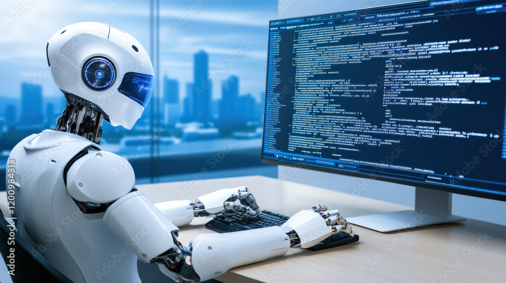Poster a humanoid robot working on computer, coding in modern office environment with city skyline in backg