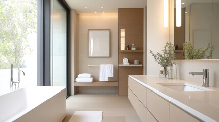 Modern bathroom design with natural light, minimalist decor, and elegant fixtures. Features freestanding bathtub, wooden accents, and fresh greenery for serene atmosphere