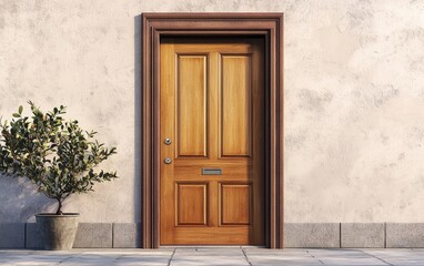A modern wooden entrance door with sleek metallic handles, set against a neutral background