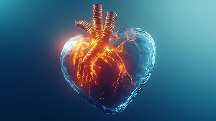 A glass heart anatomical illustration with glowing light enhancing the transparency and detail of the heart's anatomy