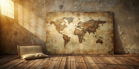 Sunlit Room with Antique World Map and Pillow