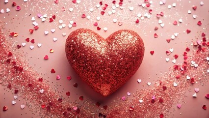 Obraz premium Sparkling Red Glitter Heart on Pink Background with Scattered Confetti
