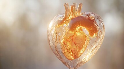 A glass heart anatomical illustration featuring intricate details of the heart's internal structures illuminated by soft light