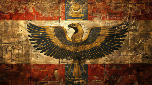 Egypt travel, flag and emblem, coat of arms with hawk or eagle. Vector Egyptian country symbols, tourism to Cairo, Africa. Horus eye and Anubis, coptic cross and Ra, palm and ox, gold eagle, phoenix