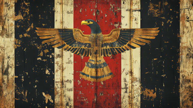 Egypt travel, flag and emblem, coat of arms with hawk or eagle. Vector Egyptian country symbols, tourism to Cairo, Africa. Horus eye and Anubis, coptic cross and Ra, palm and ox, gold eagle, phoenix