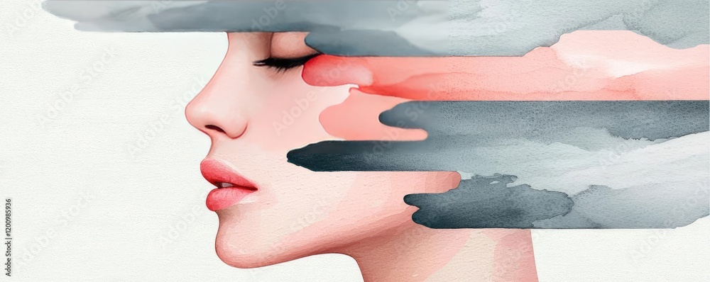 Aufkleber minimalist watercolor idea. a dreamy and introspective artistic representation of a woman's profile 
