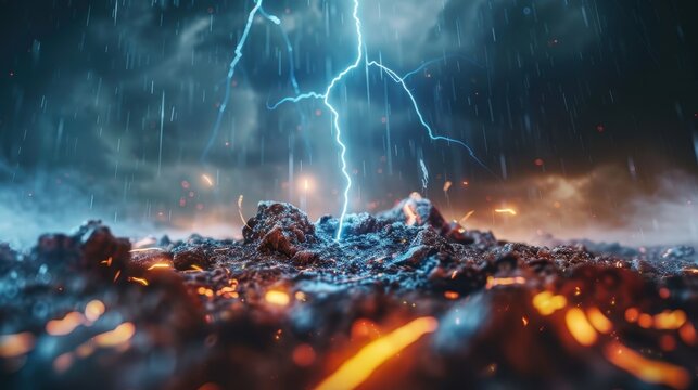 Thunderstorm reveals an abstract power in the sky. Lightning strikes, lighting up the dark clouds.