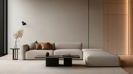 Modern living room with cozy sofa, coffee table, and decorative vase