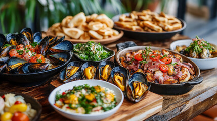 Fototapeta premium Belgian cuisine menu with food, lunch and dinner meals, vector restaurant poster. Belgium traditional food dishes, beer steamed mussels and Belgian waffles, braised endive with bacon and cream