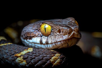 Fototapeta premium Snake with brown crystal eyes isolated on black background