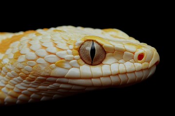 Obraz premium Close-up of a golden or yellow rattlesnake head on a black background