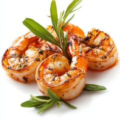 Grilled shrimp with rosemary garnish.