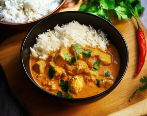 Black bowl of chicken korma with white rice