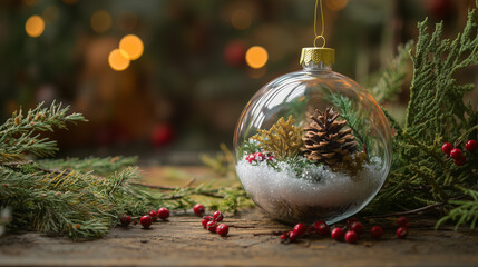 Glass Christmas Ornament with Pinecones and Snow on Wooden Table