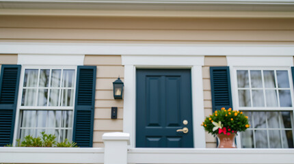 Charming House Exterior with Green Door and White Trim. Beautiful Home Architecture. Real Estate Photography