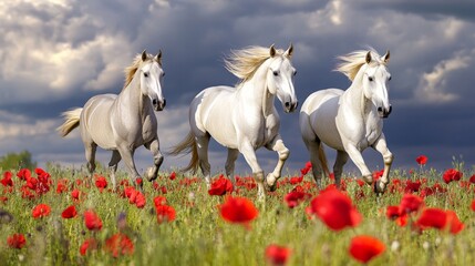 Fototapeta premium Majestic white horses galloping through vibrant poppy field under dramatic sky