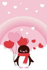 Obraz premium vector background with a penguin with heart balloons in the sky for Valentine's Day, wedding, etc.