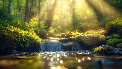 Fototapeta premium Close-up of a small stream in a forest, with moss and rocks. The background is blurred, and the lighting is in the golden hour, giving it a fantasy-like style 