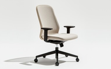 Fototapeta premium A neutral beige office chair with a mesh back and smooth fabric seat, isolated on a white surface