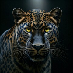 Obraz premium closeup of a black and yellow leopard with a serious expression in the dark