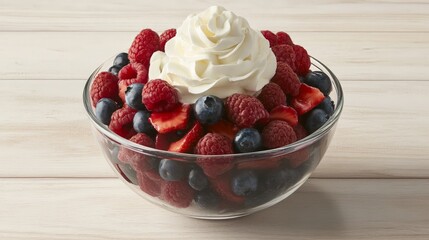 Mixed berry fruit bowl with raspberries, blueberries, and strawberries topped with whipped cream