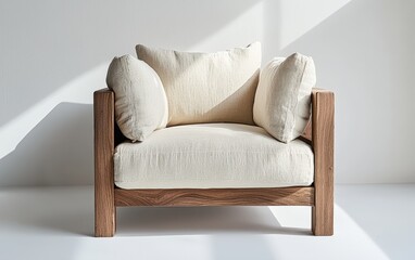 Fototapeta premium A neutral sand-colored armchair with soft cushions and a sturdy wooden frame, set on a white surface