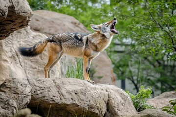 Fototapeta premium A striking image of a black-backed jackal standing on a rocky outcrop, howling. 