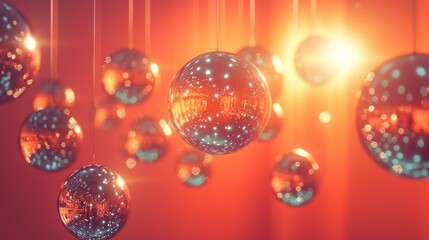 Festive mirrored balls hang in warm-lit room