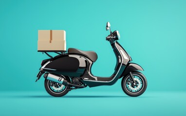 Obraz premium A sleek black delivery scooter with a food box, placed on a pastel blue background