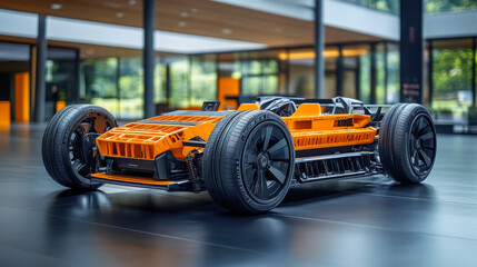 Fototapeta premium Innovative orange and black electric car chassis showcased in a modern, well-lit exhibition space with large windows on a sunny day