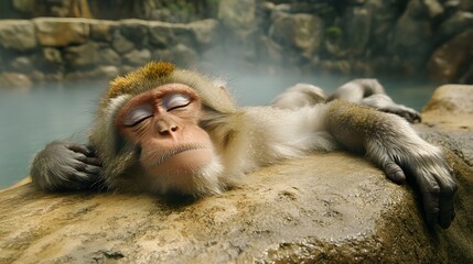 Obraz premium A Sleeping Japanese Macaque Resting On A Rock