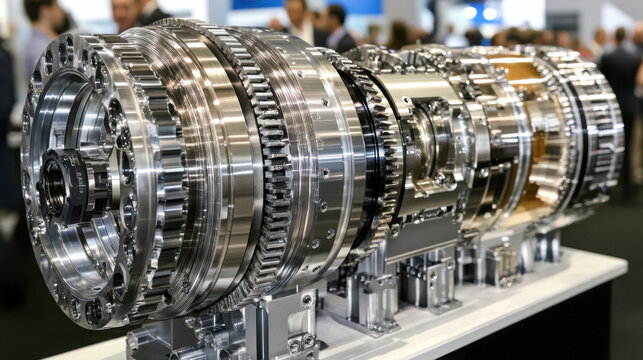 Advanced turbine engine on display at engineering expo with industry experts discussing technology innovations - Powered by Adobe