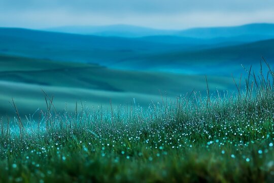 Morning dew on grass with rolling hills and misty blue landscape