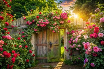 Fototapeta premium Charming English Cottage Garden Gate Entrance, Lush Flowers, Rustic Charm, Summer Blooms