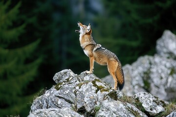 A striking image of a black-backed jackal standing on a rocky outcrop, howling. 
