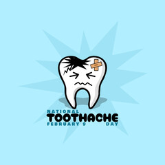 National Toothache Day to celebrate on February 9th. Illustration of a tooth damaged by tartar and a hole causing pain.