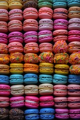 Many colorful sandwich cookies neatly arranged in rows.