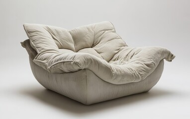 A soft beige armchair with a curved backrest and plush cushions, set on a pristine white backdrop