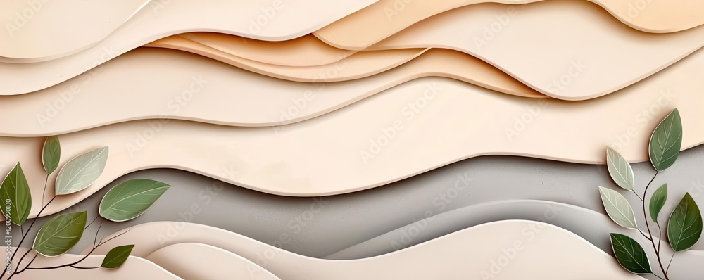Poster neutral watercolor concept. abstract wavy texture with soft colors and green leaves for modern desig