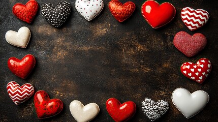 Fototapeta premium Colorful hearts on a dark surface for romantic themes