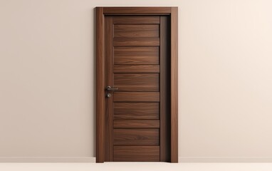 A solid wooden entrance door with clean lines and high-quality metallic handles, isolated on a muted beige background