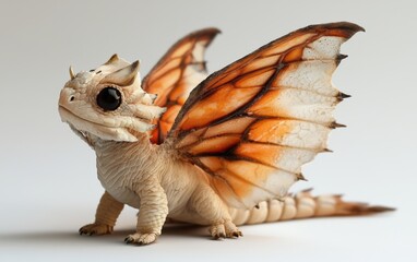 Fototapeta premium A tiny dragon-like creature with chubby legs, smooth scales, and butterfly wings, sitting on a bright white backdrop
