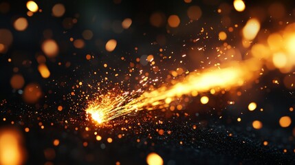 Fototapeta premium Fiery spark trail, dark background, bokeh, sparks, industrial