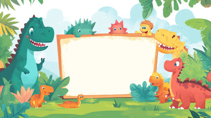 Fototapeta premium Weekly planner with funny cartoon dinosaur characters. Vector education timetable schedule template. School lesson time table or organizer frame for kids with dino animals in jungle forest landscape