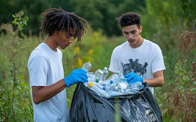 Two young men collect plastic bottles for recycling