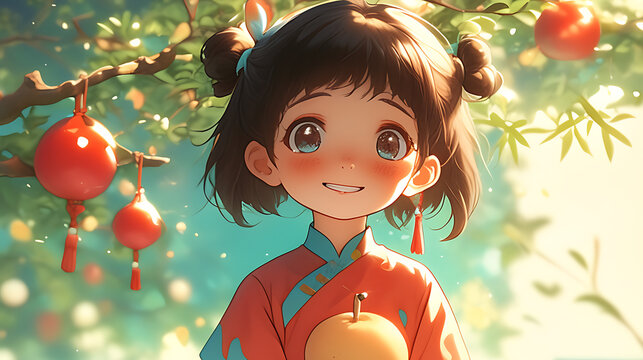 A joyful girl in traditional attire holding an apple under a tree adorned with lanterns, in a serene garden