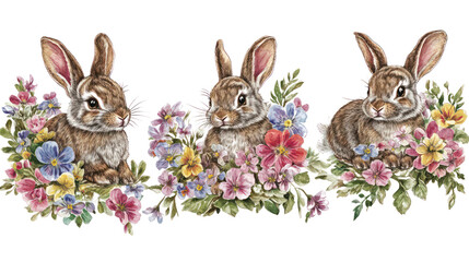 Fototapeta premium Spring Themed Bunnies Surrounded by Flowers in a Set Generative AI